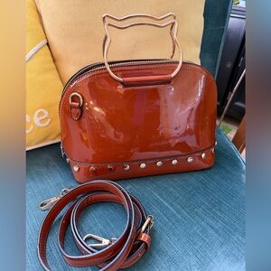 Brown Patent Leather Handbag with Cat Handle